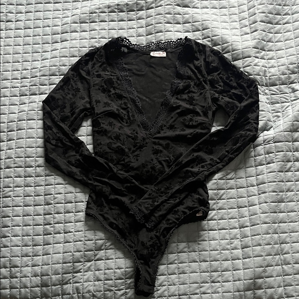 Black Lace Bodysuit with velvet floral detail